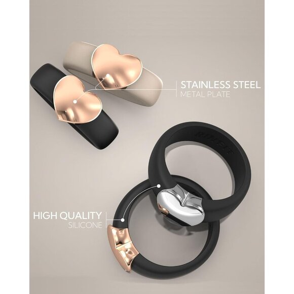 Womens Silicone Wedding Ring with Stainless Steel Heart Rose Gold Size 7 Durable main image 5